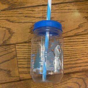 Disney Frozen Olaf Mason Jar with Blue Lid and Straw